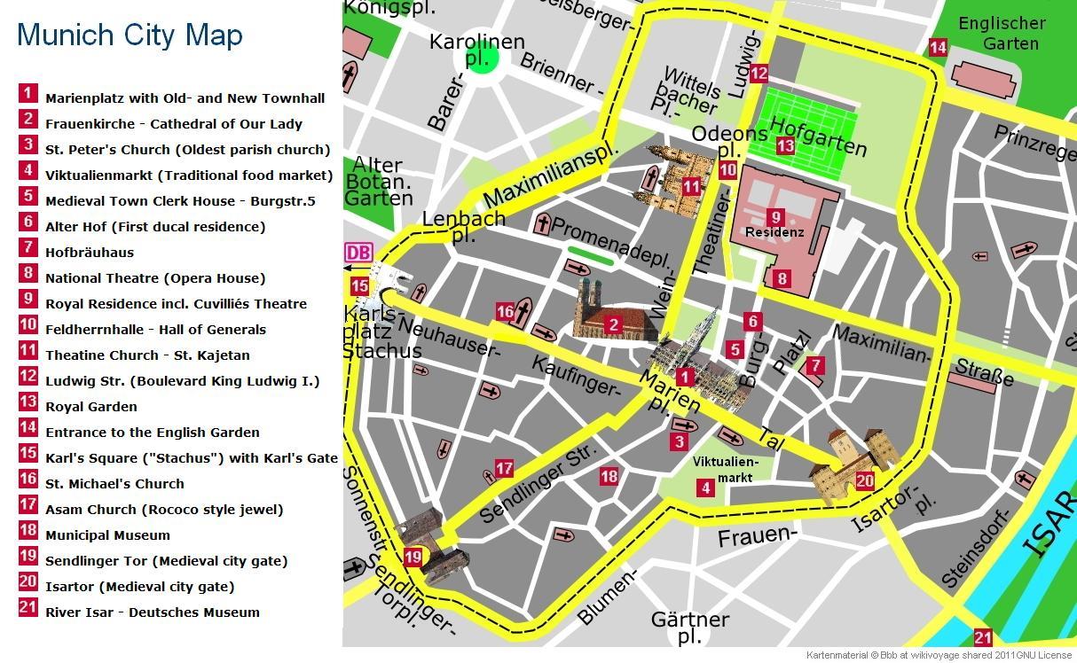 München nähtävyydet kartta - Kartta münchen city center-nähtävyydet  (Baijeri - Saksa)