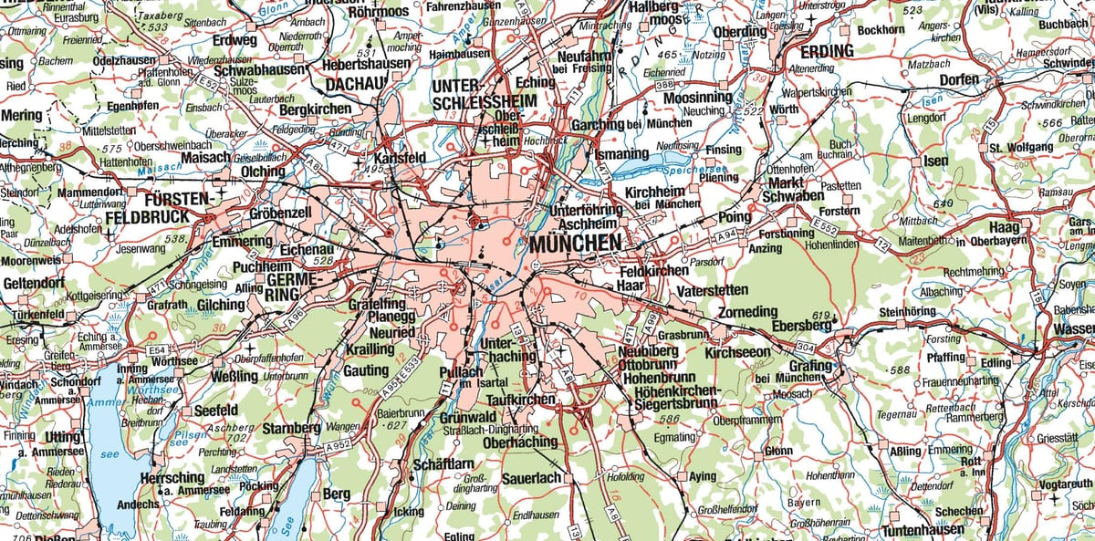 Kartta münchenin ja ympäröiviin kaupunkeihin